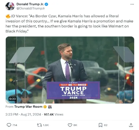 Donald Trump Jr.'s tweet showing JD Vance speaking at a Trump Vance 2024 event, criticizing Kamala Harris on border policy.