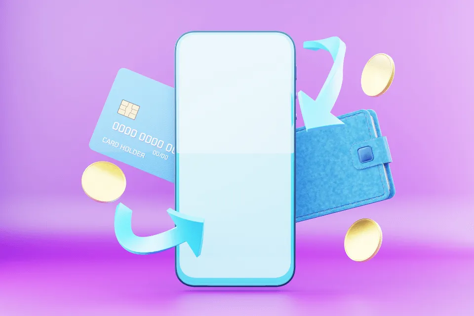 Illustration of a smartphone with arrows pointing to a credit card and a wallet, surrounded by gold coins, symbolizing mobile payments or digital wallet transactions.