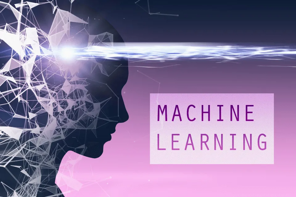 Silhouette of a human head formed by geometric lines and nodes, symbolizing artificial intelligence and machine learning. A bright light shines from the head, with the words 'MACHINE LEARNING' displayed in a purple gradient on a futuristic background.