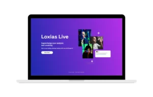 Screenshot of a laptop displaying the AI Loxias Live homepage with a purple gradient background, featuring the tagline 'Supercharge your analysis and creativity,' a 'Chat Now' button, and images of people in creative and analytical contexts.